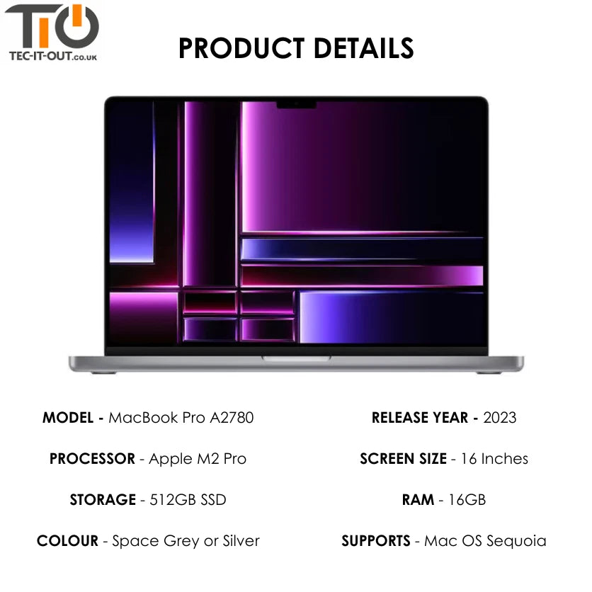 MacBook Pro 16-inch A2780 M2 Pro 12-Core CPU 19-Core GPU (2023)-Apple-TIO